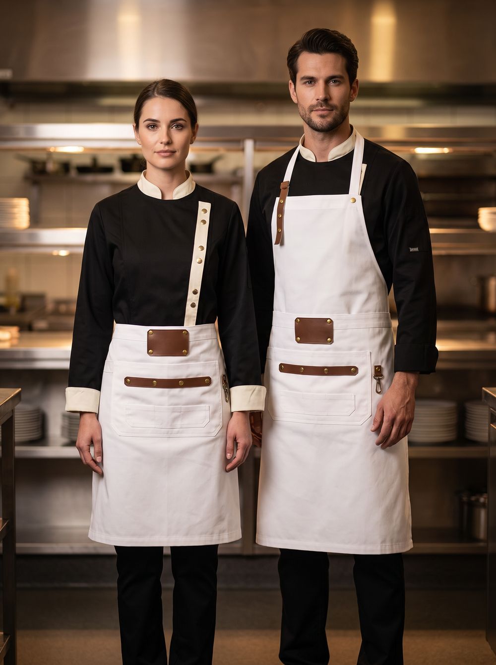 A woman and a man in black chef jackets and white aprons in a professional kitchen