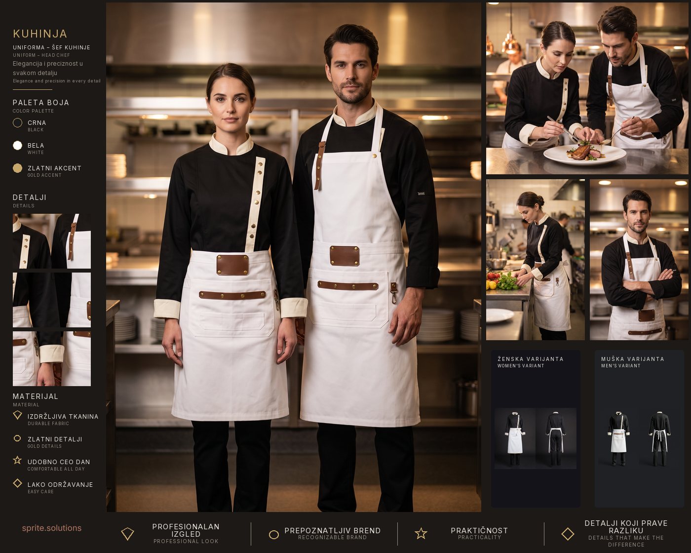 An offer sheet for kitchen staff: a pair in the uniform, colour palette, detail close-ups and materials